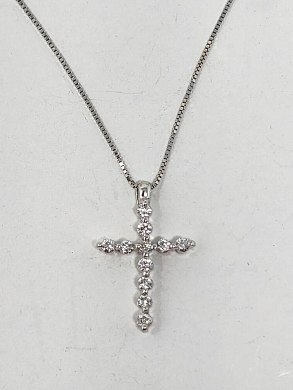 18K White Gold Genuine Diamond Cross Necklace